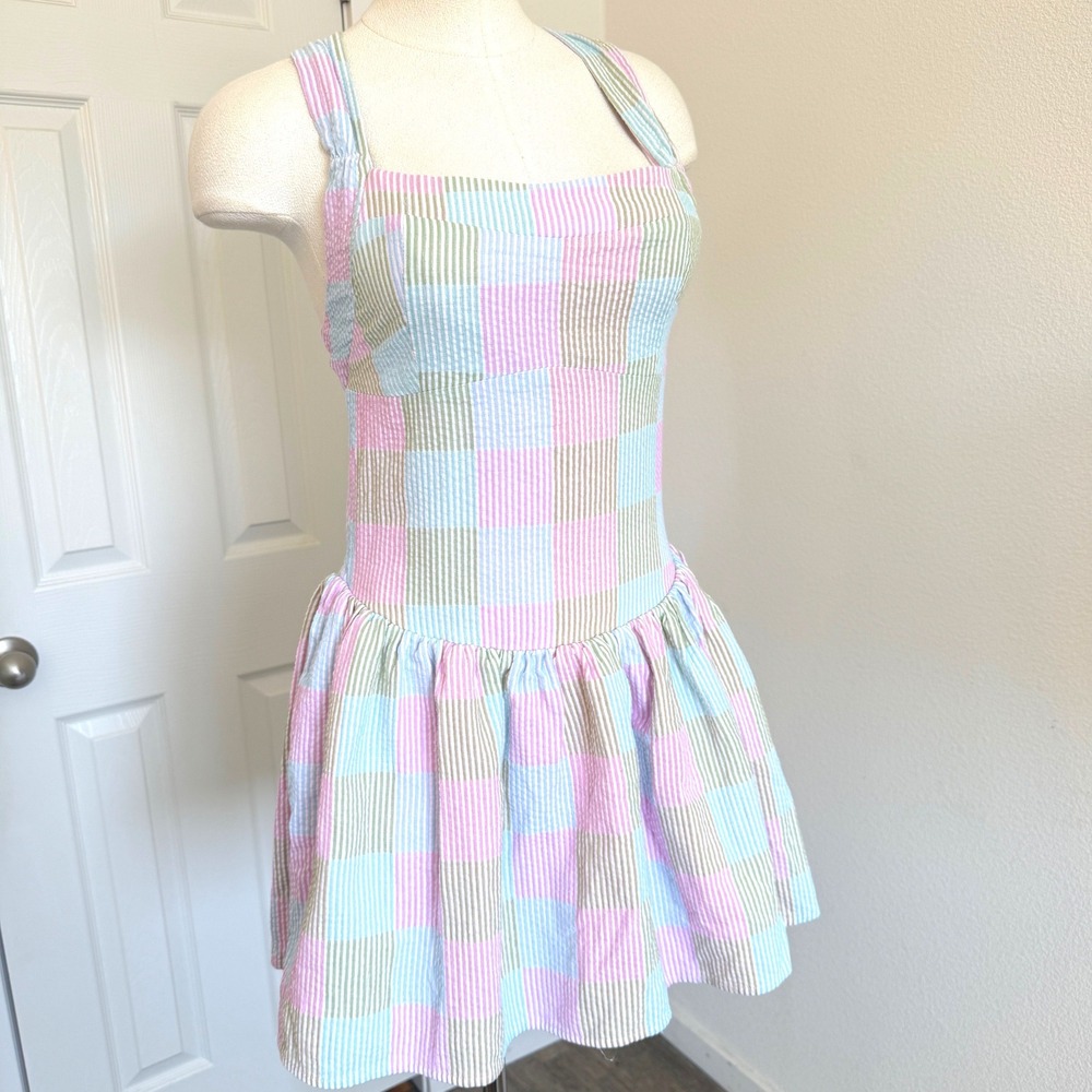 VICI Pastel Patchwork Seersucker Mini Dress Womens Small Pink kawaii coquette